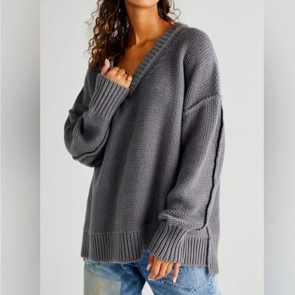 Free People Alli V-neck oversized Sweater Gray- Size XS